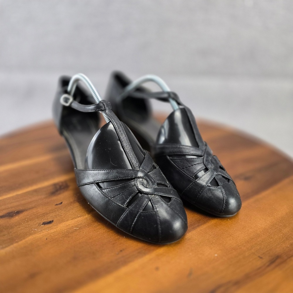Black Leather T Strap Wedge Sandals Women's Size‎ 11 Classic Dress Shoes